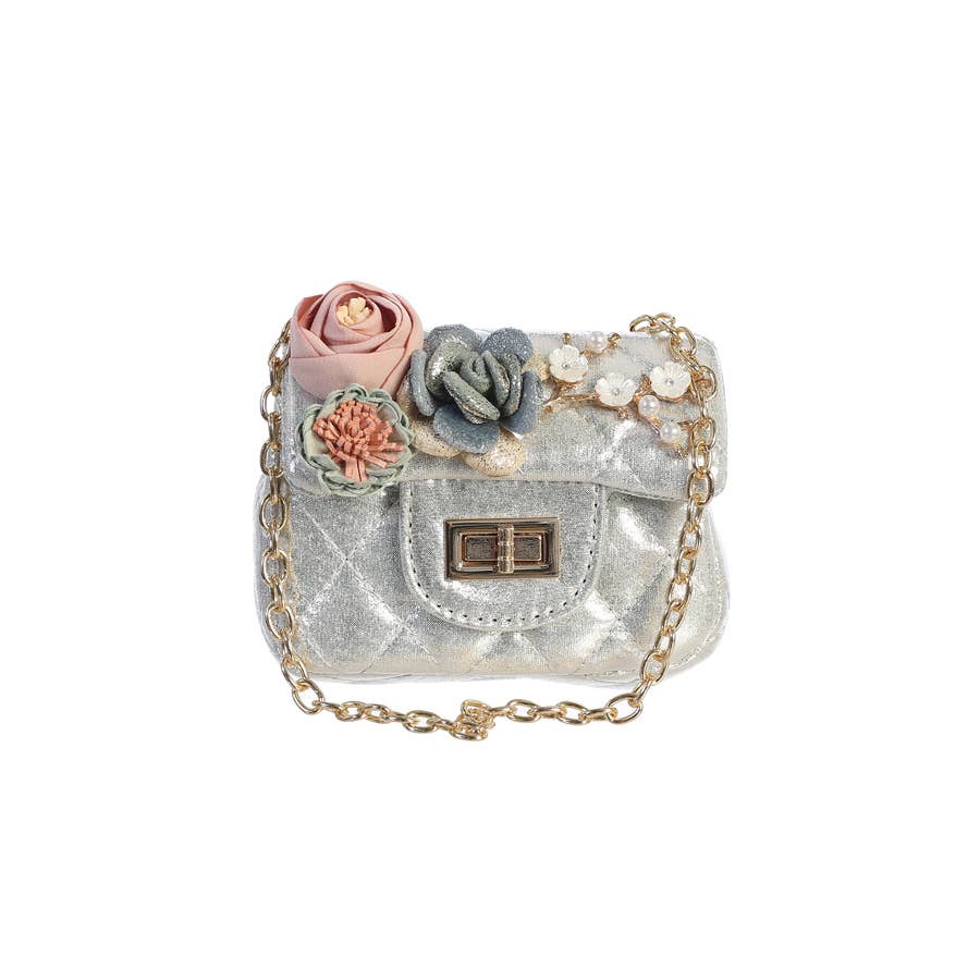 Metallic Cushion Pattern Mini Purse with Flowers