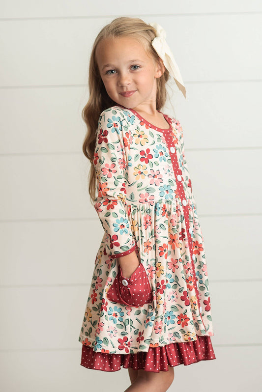 Kids Cream & Burgundy Floral Ruffle Button Pocket Fall Dress