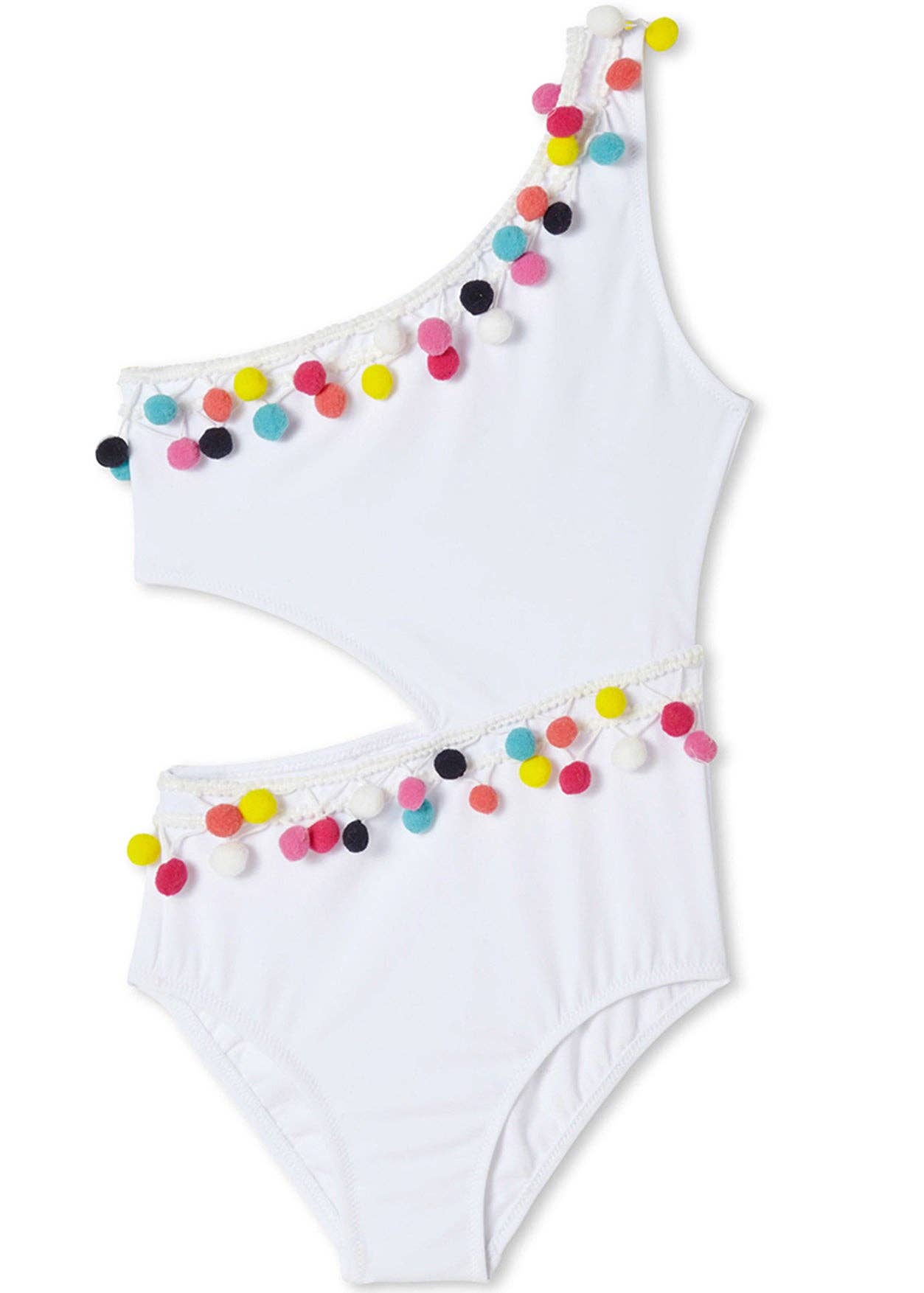White Side-Cut Swimsuit with Pom Poms