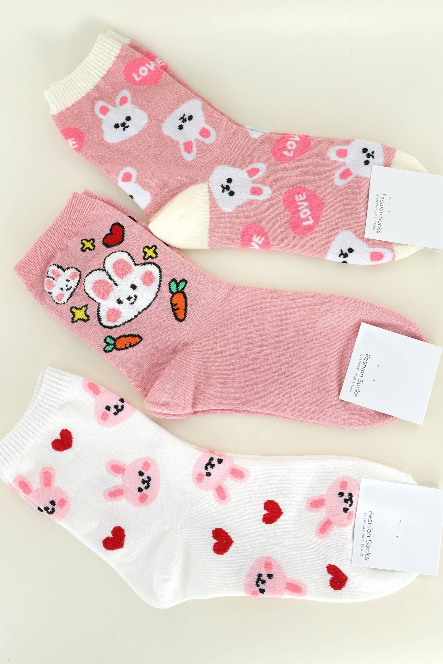 Hearts & Bunnies Pattern White Cotton Knit Socks