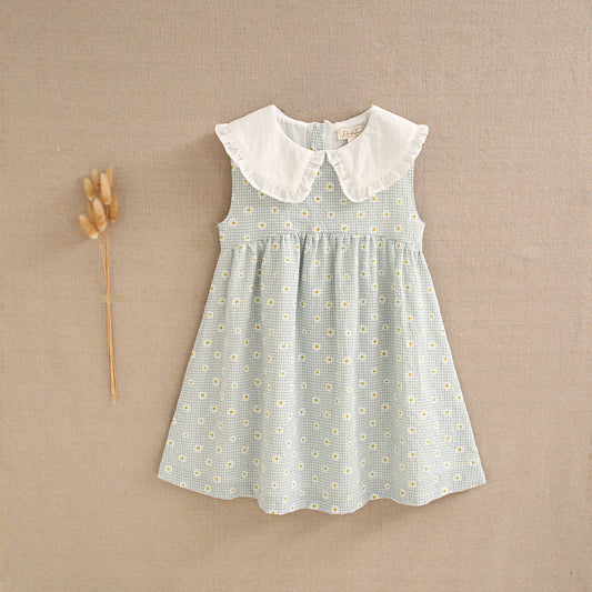 Vichy green and daisy checkered girl's dress