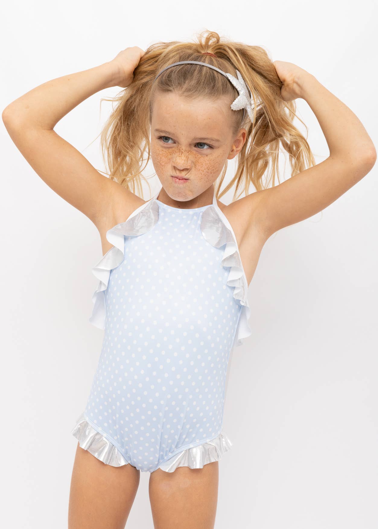 Polka Dot Silver Ruffle Swimsuit