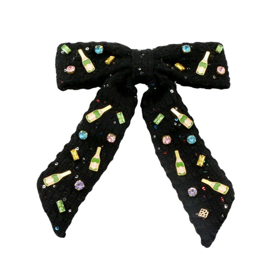 Black Tweed Champagne Celebration Bow Barrette PRE-ORDER (Est Ship 11/26)