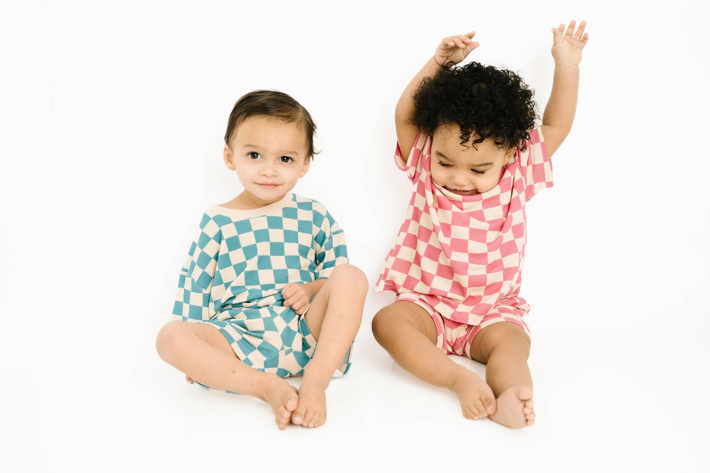 Blue Checkered Waffle Bamboo Shorts Set