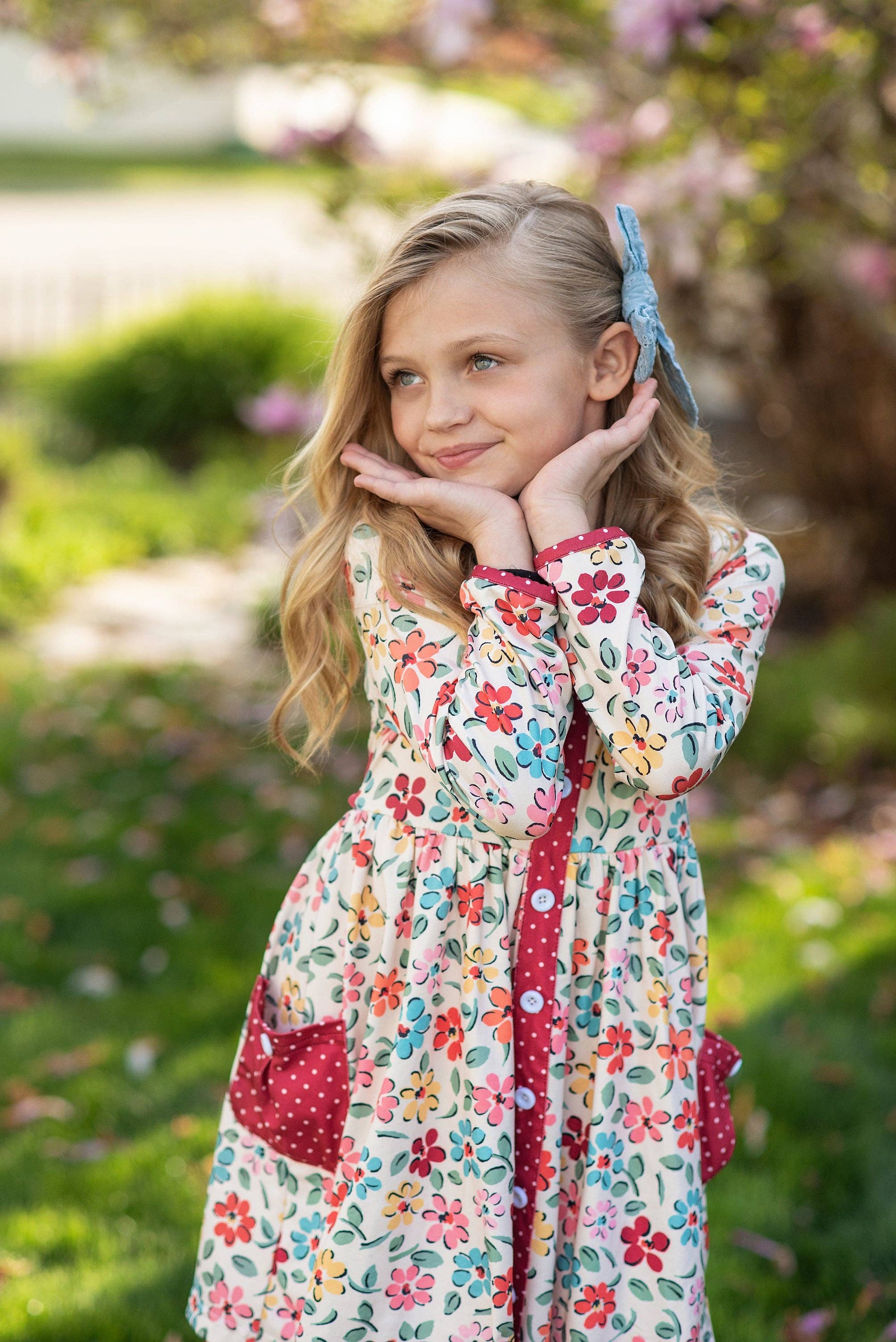 Kids Cream & Burgundy Floral Ruffle Button Pocket Fall Dress Kids Cream & Burgundy Floral Ruffle Button Pocket Fall Dress