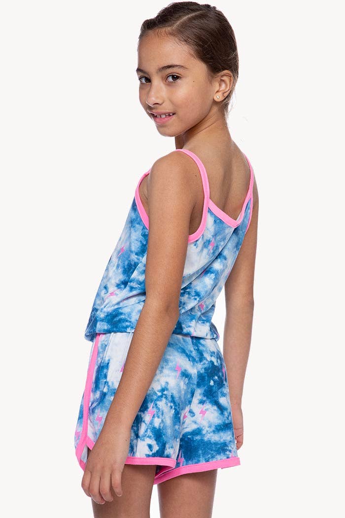 Simply Soft Strappy Dolphin Short Romper - Denim Pink Bolts