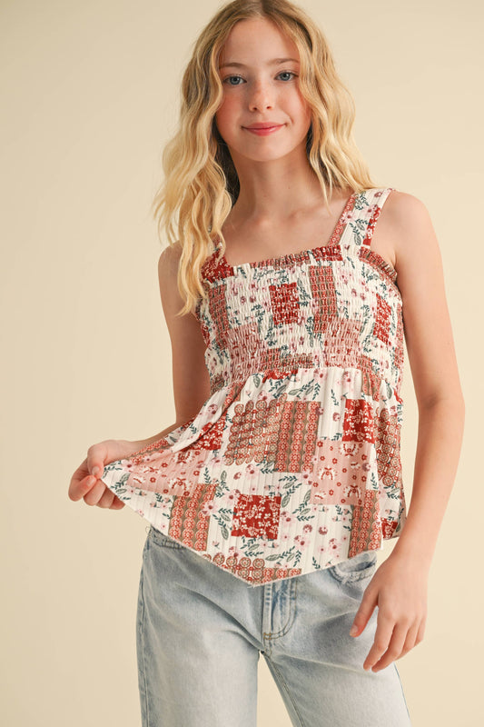 TWEEN GIRLS KIDS WIDE STRAP PEPLUM TANK WITH SMOCKED (XS-XL)