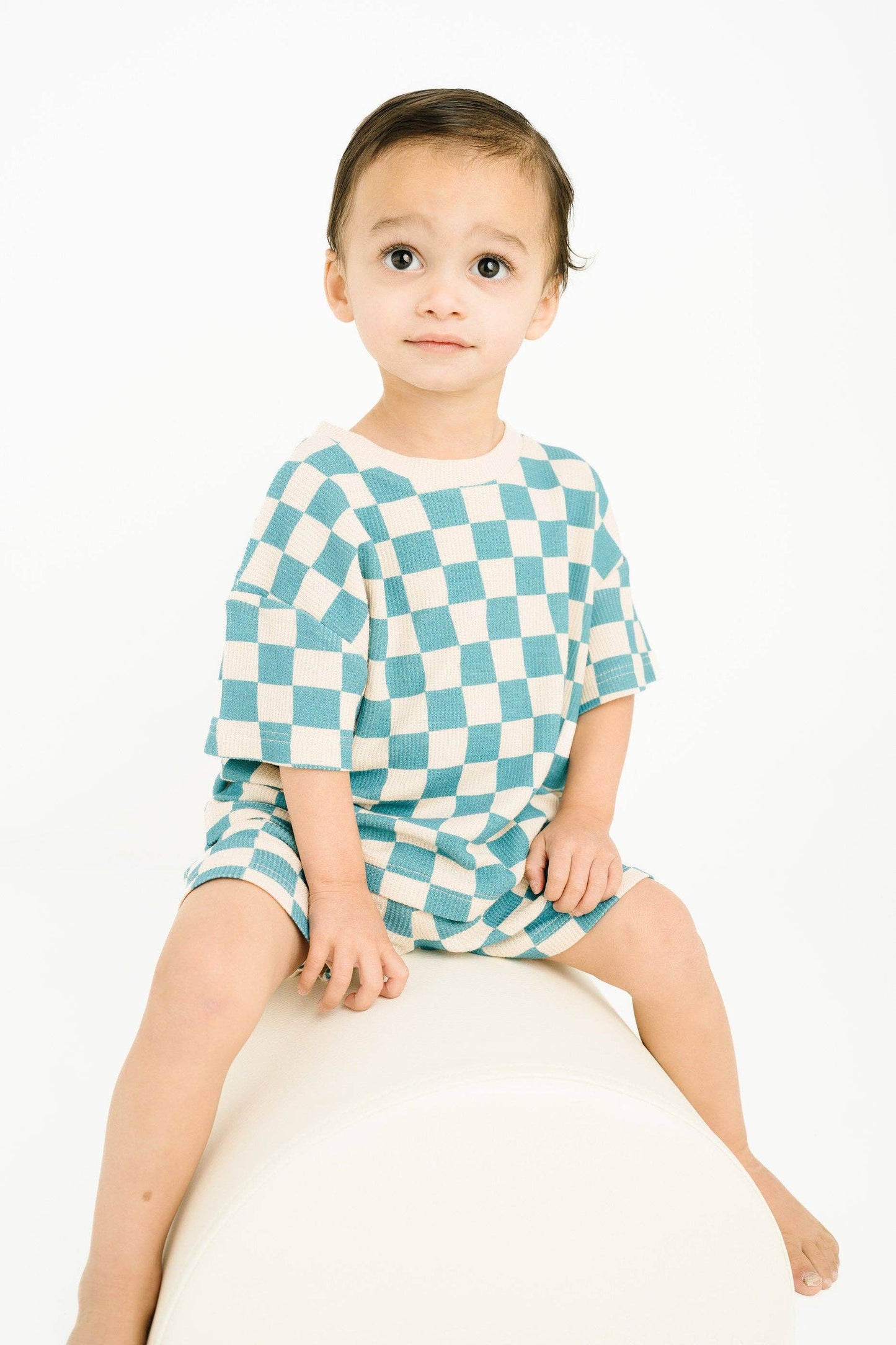 Blue Checkered Waffle Bamboo Shorts Set
