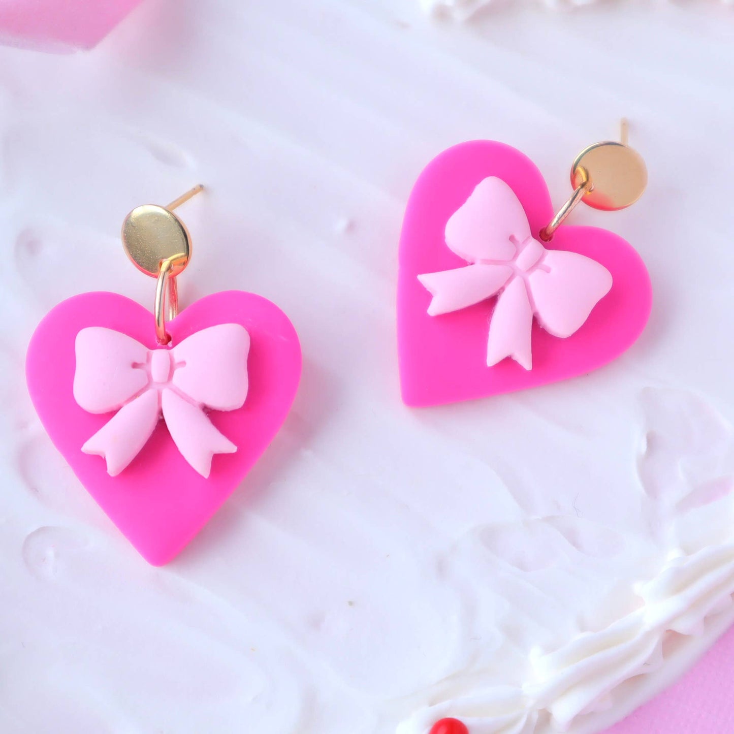 Girly Pink Bow Heart Earrings