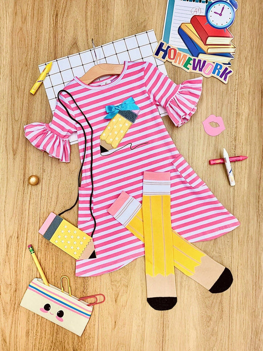 Striped Ruffle Sleeve Dress w/ Polka Dot Pencil Applique