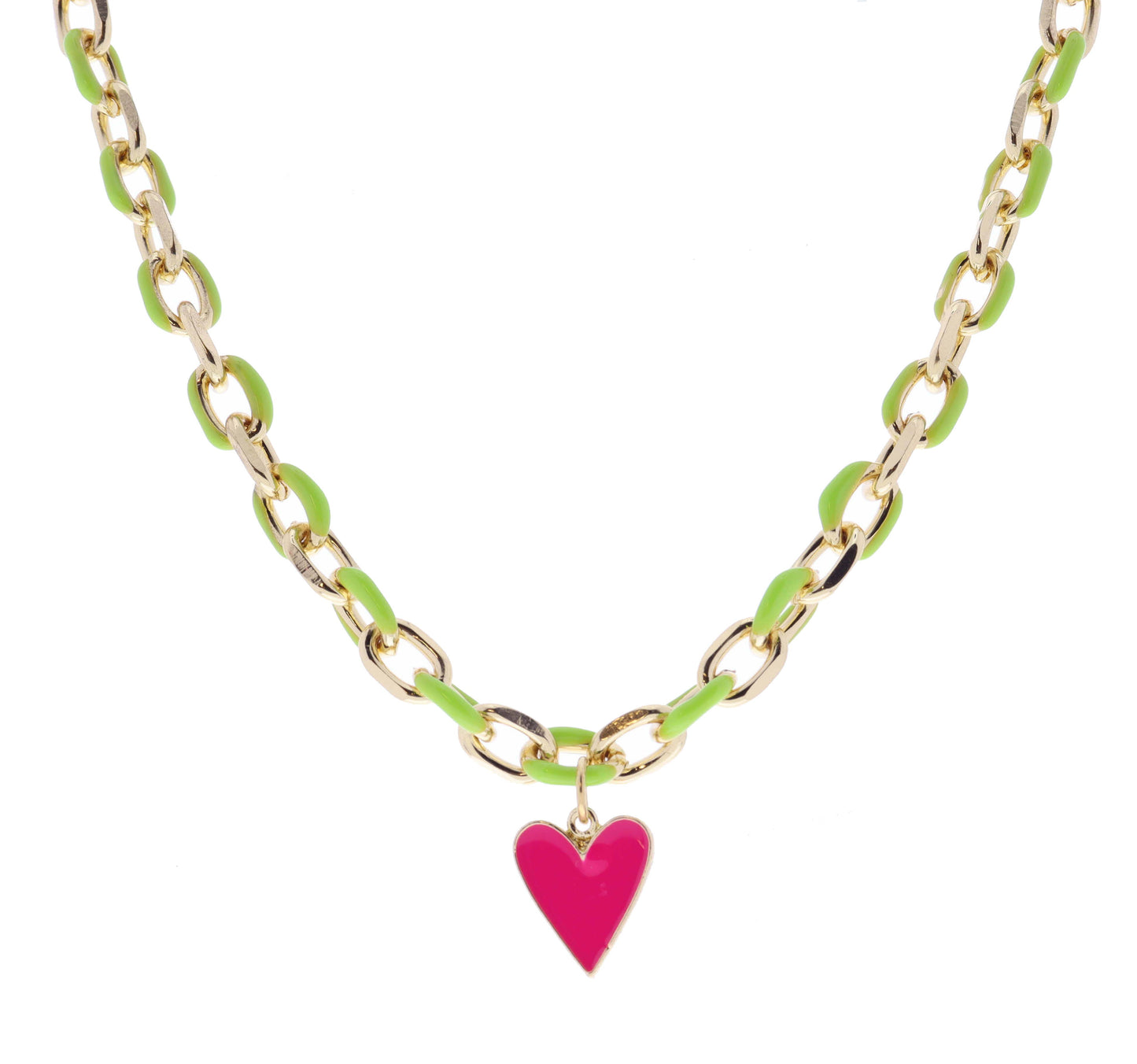 Kids Lime Green Chain and Hot Pink Enamel Heart Necklace
