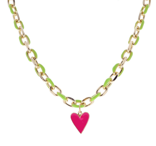 Kids Lime Green Chain and Hot Pink Enamel Heart Necklace