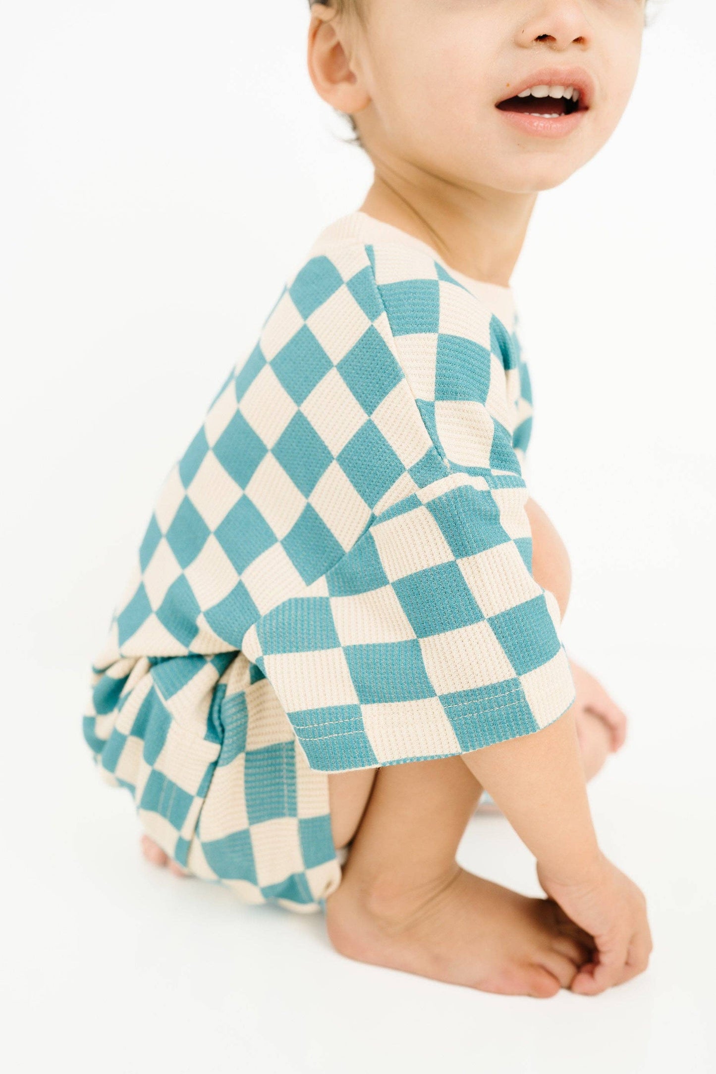 Blue Checkered Waffle Bamboo Shorts Set