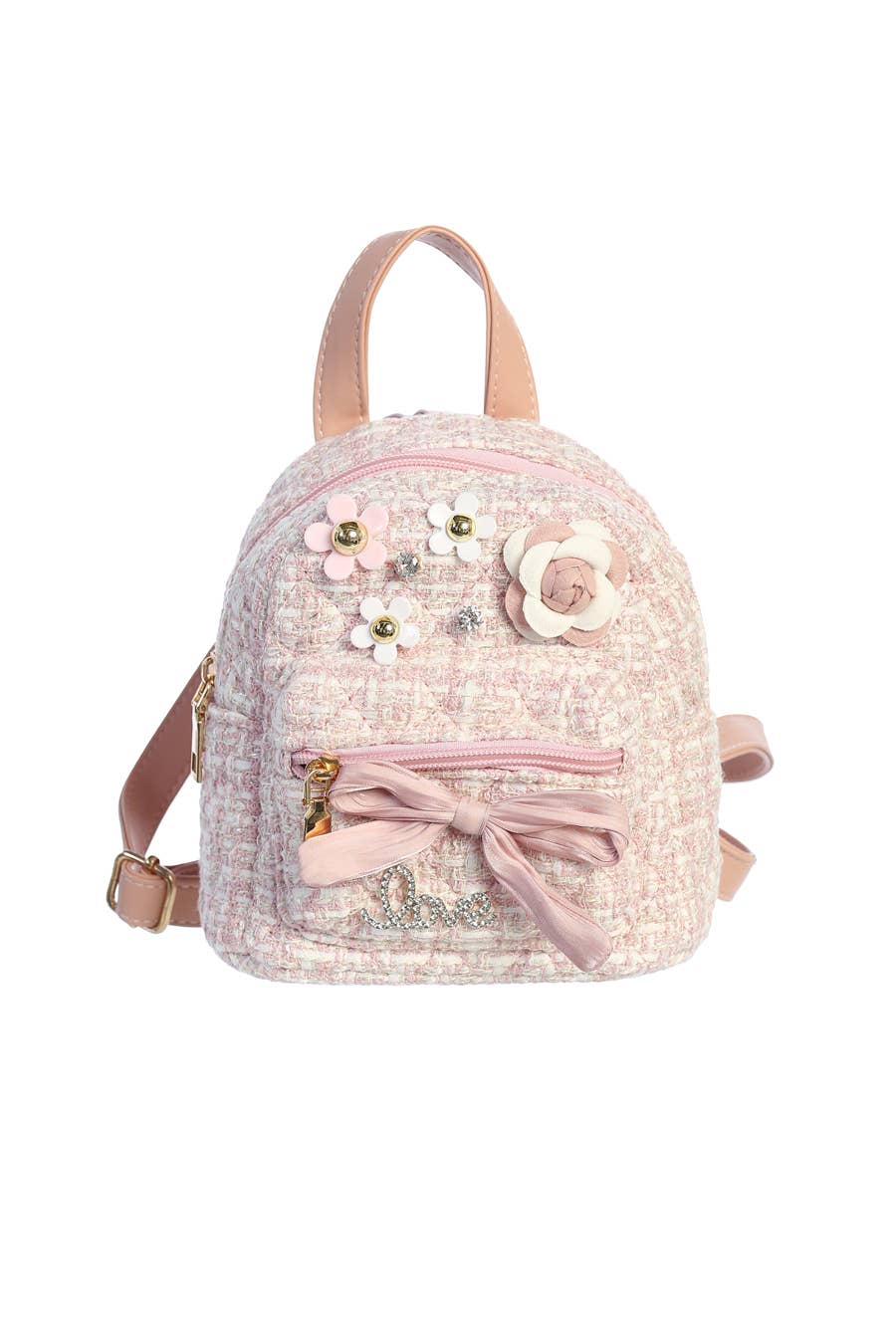 Tweed Mini Backpack with Flower Charms and Large Bow