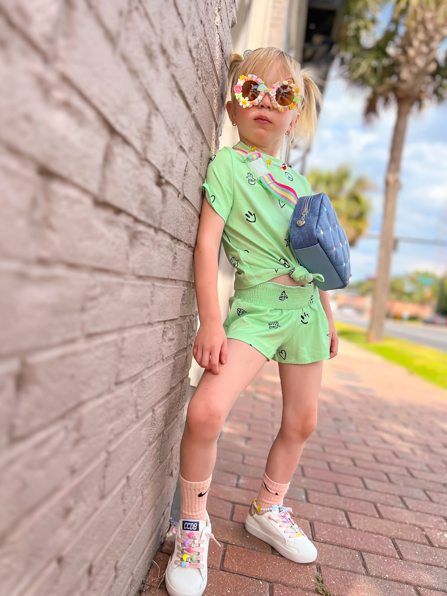 Simply Soft Smocked Short - Washed Neon Lime Emojis