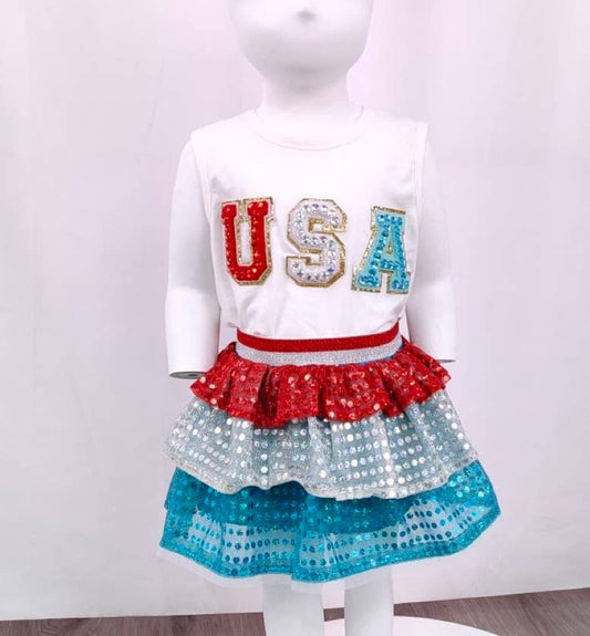 Girls USA Patched Tank & Ruffle Sequins Skirt Set