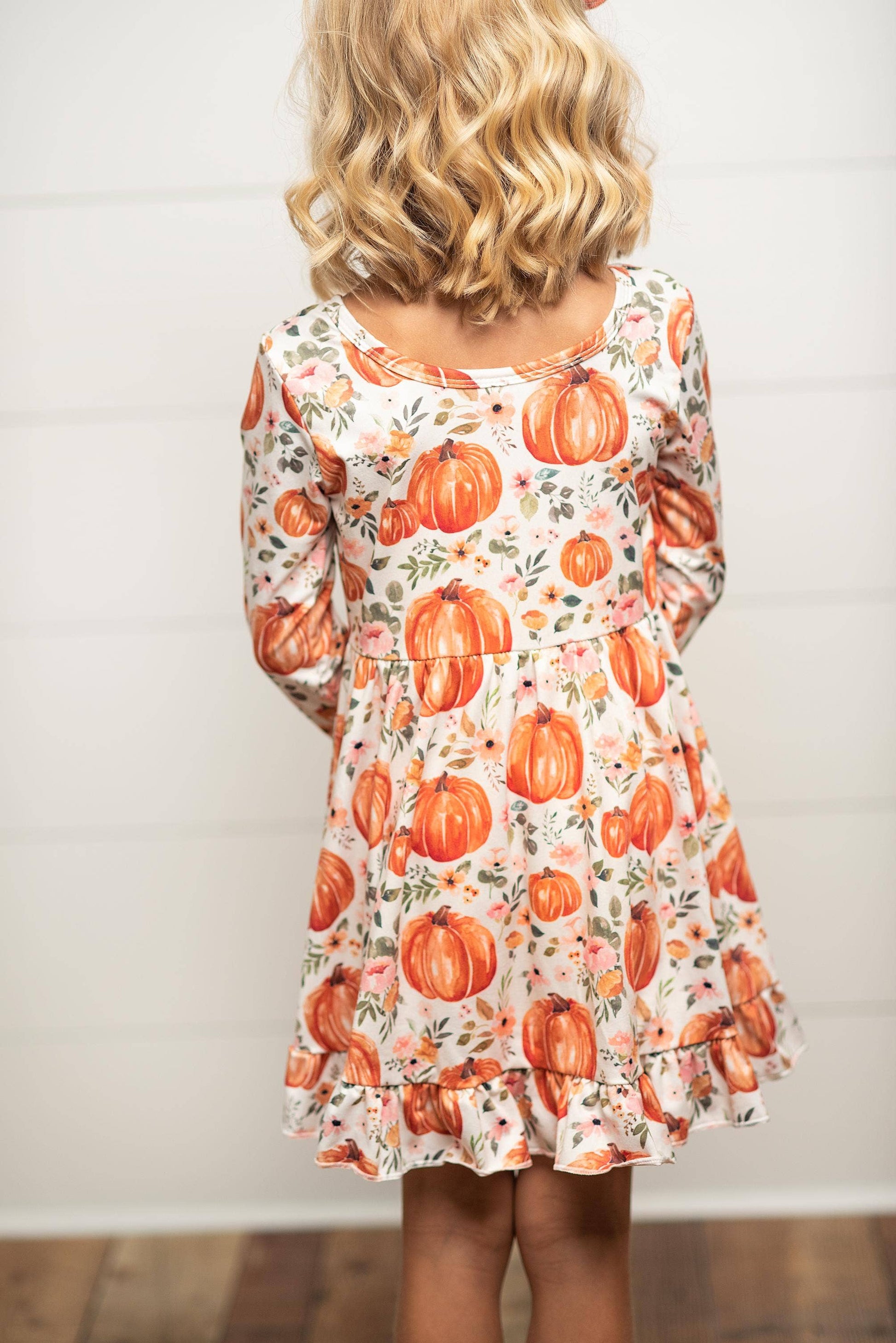 Kids Pumpkin & Floral Print Long Sleeve Fall Twirl Dress | Curated Kidswear Kids Pumpkin & Floral Print Long Sleeve Fall Twirl Dress | Curated Kidswear