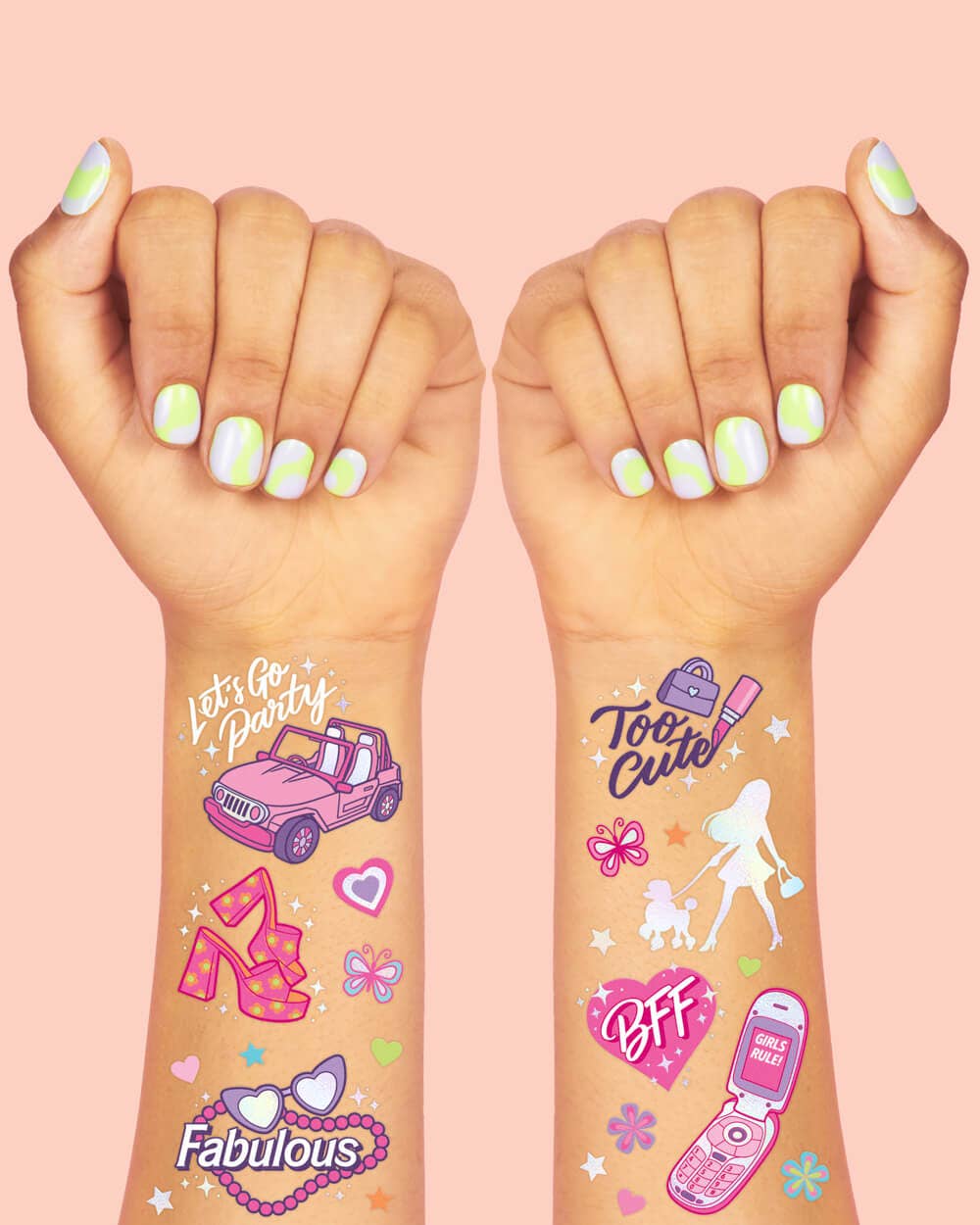 Pink Girl Party Foil Kids Temporary Tattoos, Activity, Favor