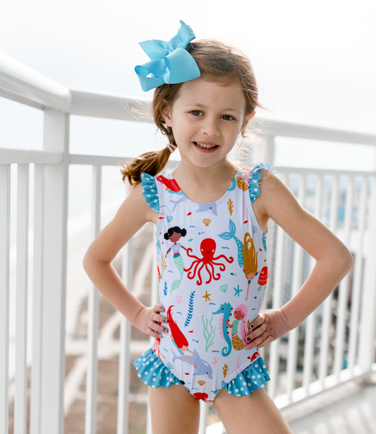 Ice Blue Mermaid Ruffle-Accent One-Piece