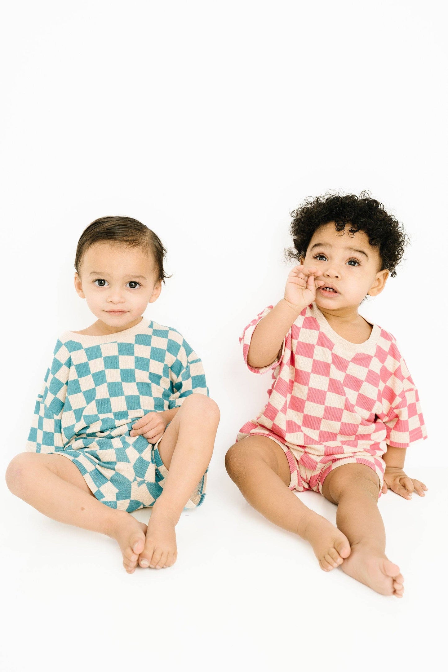 Blue Checkered Waffle Bamboo Shorts Set