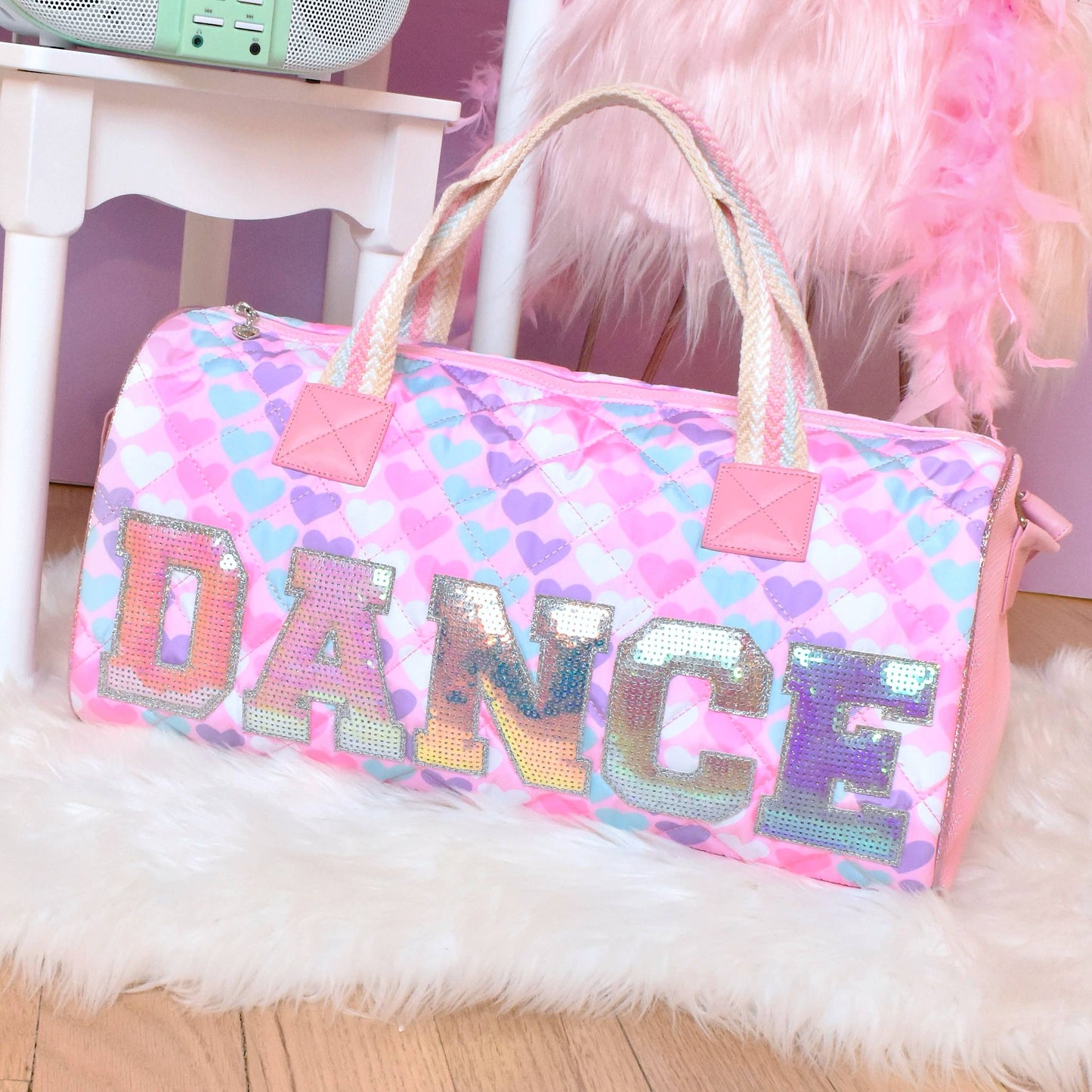 'Dance' Heart Printed Large Barrel Duffle Bag