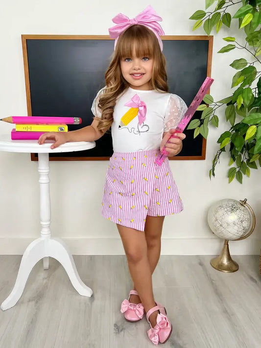 Schoolgirl Pencil Chic Puff Sleeve Top And Striped Skort Set
