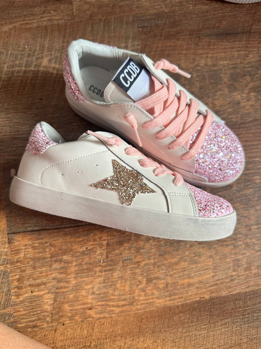 Gold Glitter Star Sneakers Pink Glitter Accent and Laces 