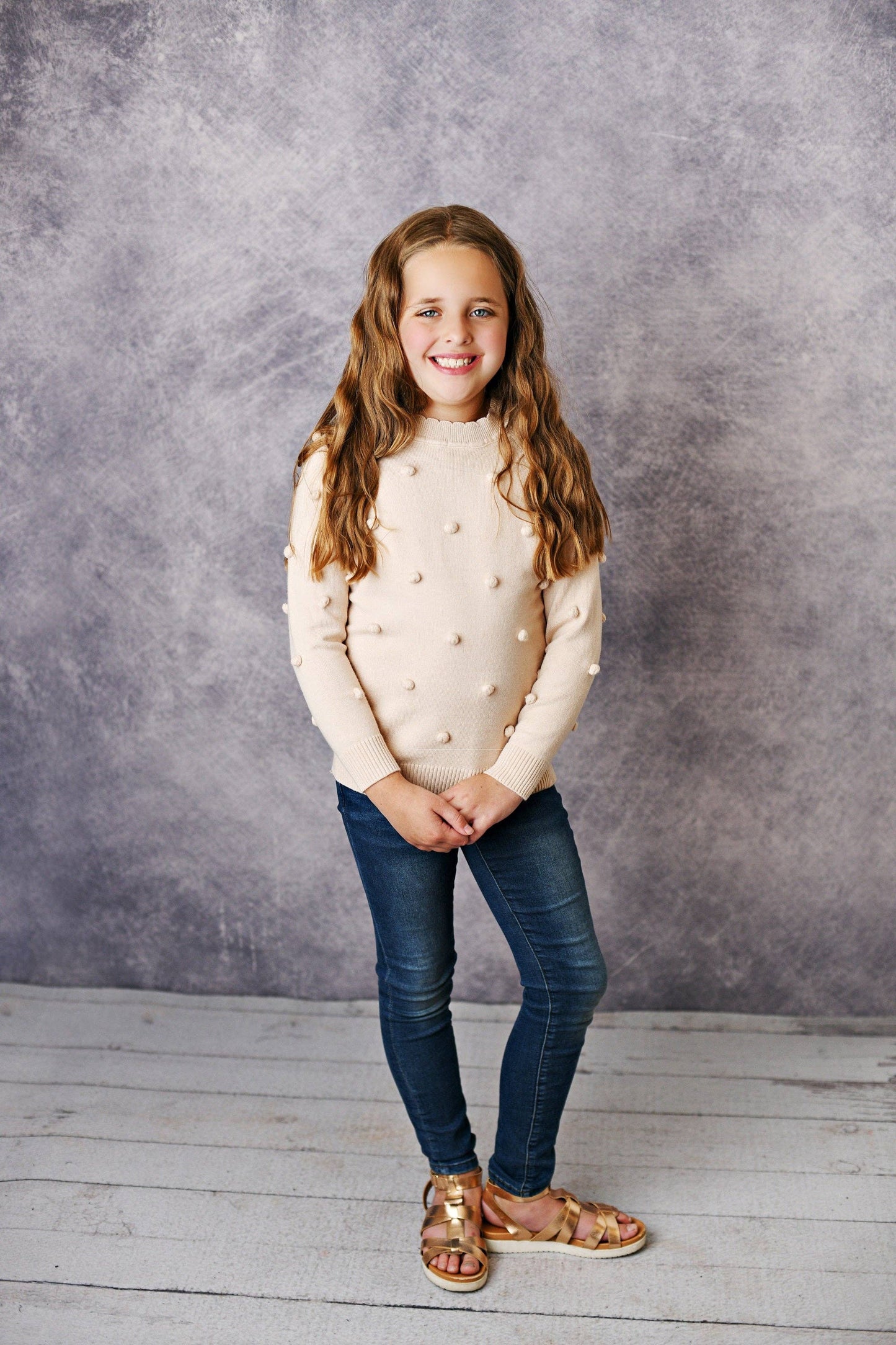 Kids Cream Beige Pom Pom Fall Winter Crew Neck Sweater
