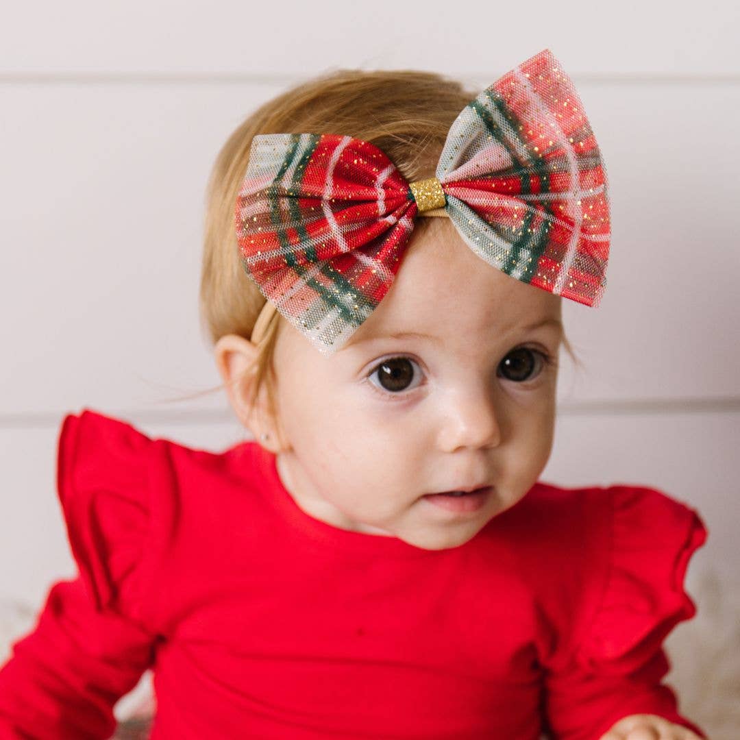 Christmas Plaid Tulle Bow Baby Headband - Holiday Headband