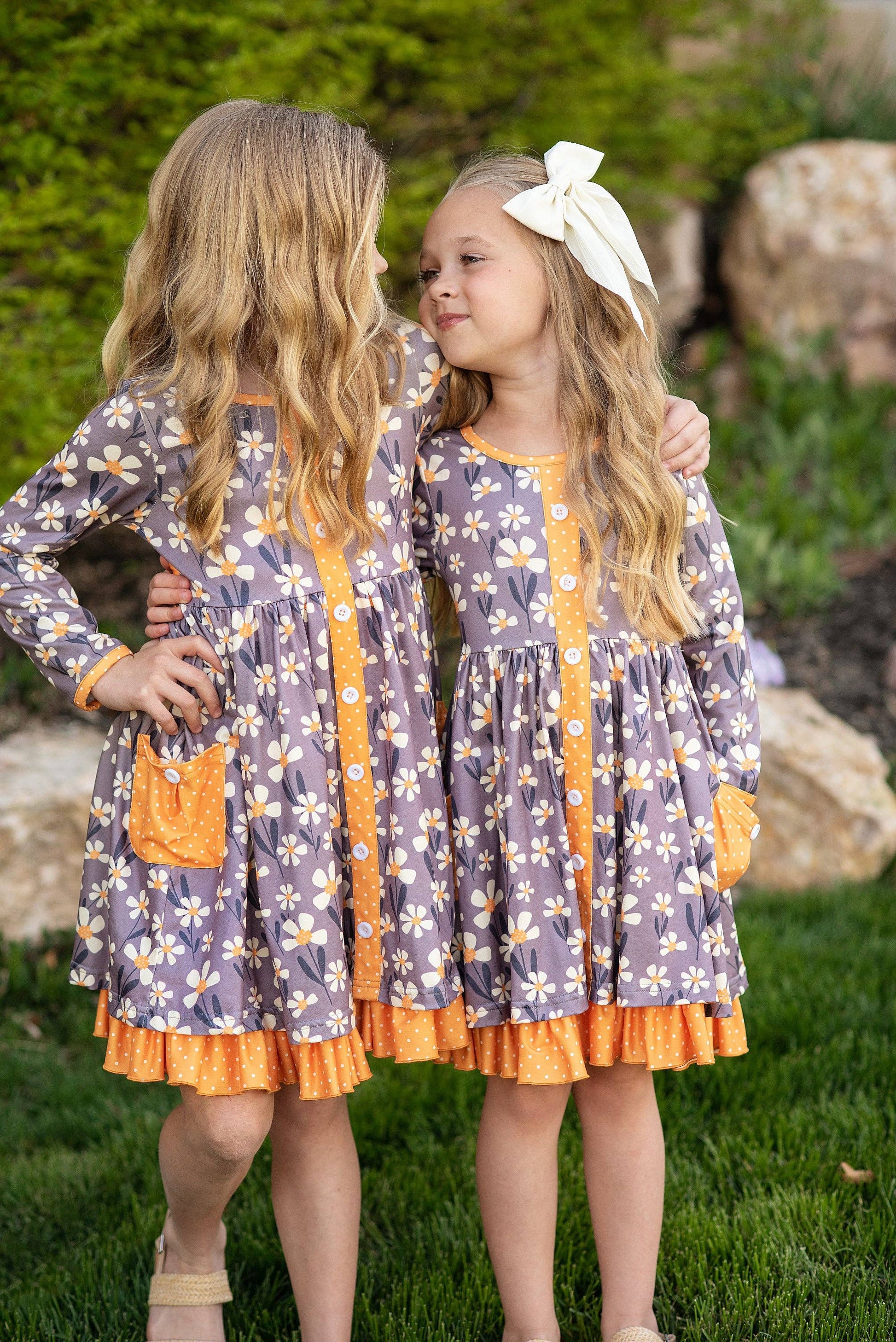 Kids Gray & Mustard Floral Ruffle Button Pocket Fall Dress Kids Gray & Mustard Floral Ruffle Button Pocket Fall Dress