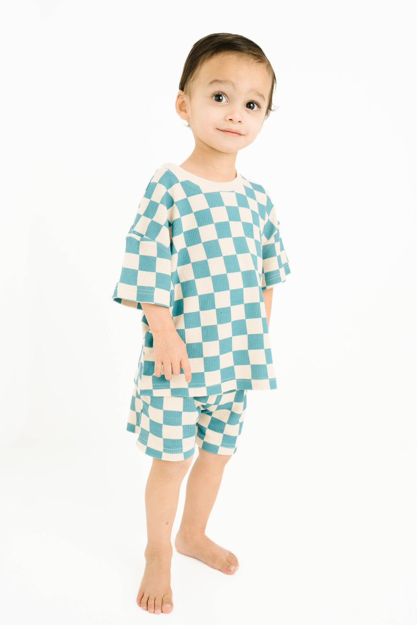 Blue Checkered Waffle Bamboo Shorts Set
