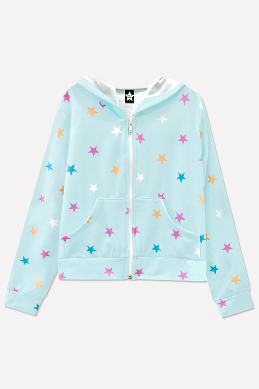 French Terry Easy Zip Hoodie - Ice Mint Pink Stars