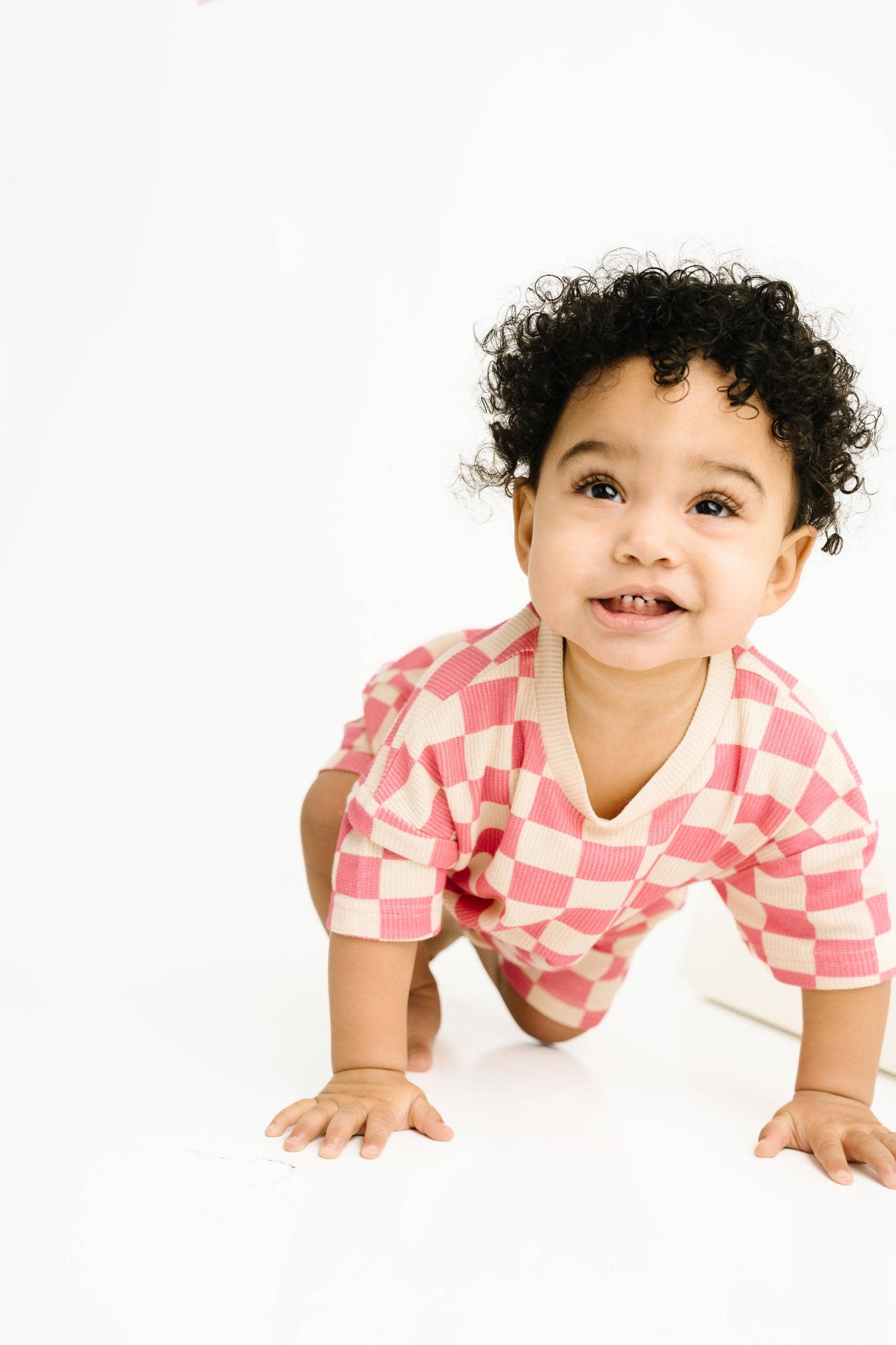 Pink Checkered Waffle Bamboo Shorts Set