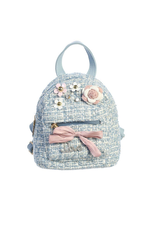 Tweed Mini Backpack with Flower Charms and Large Bow