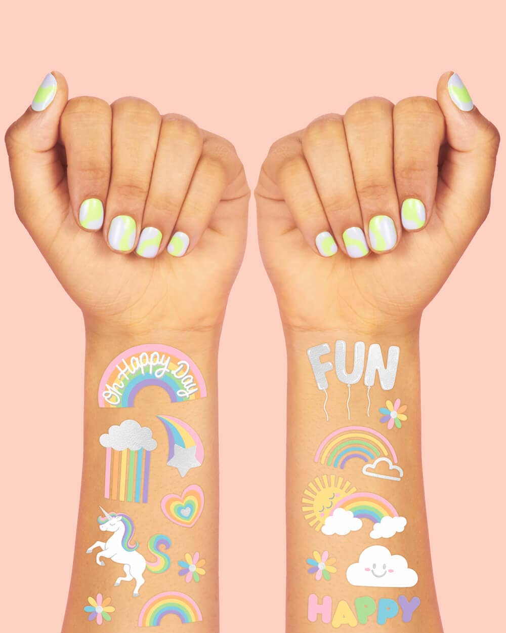 Pastel Rainbow Party Foil Kids Temporary Tattoos, Bday Favor