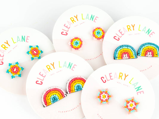 Beaded Flower Stud Earrings | Pink & Orange