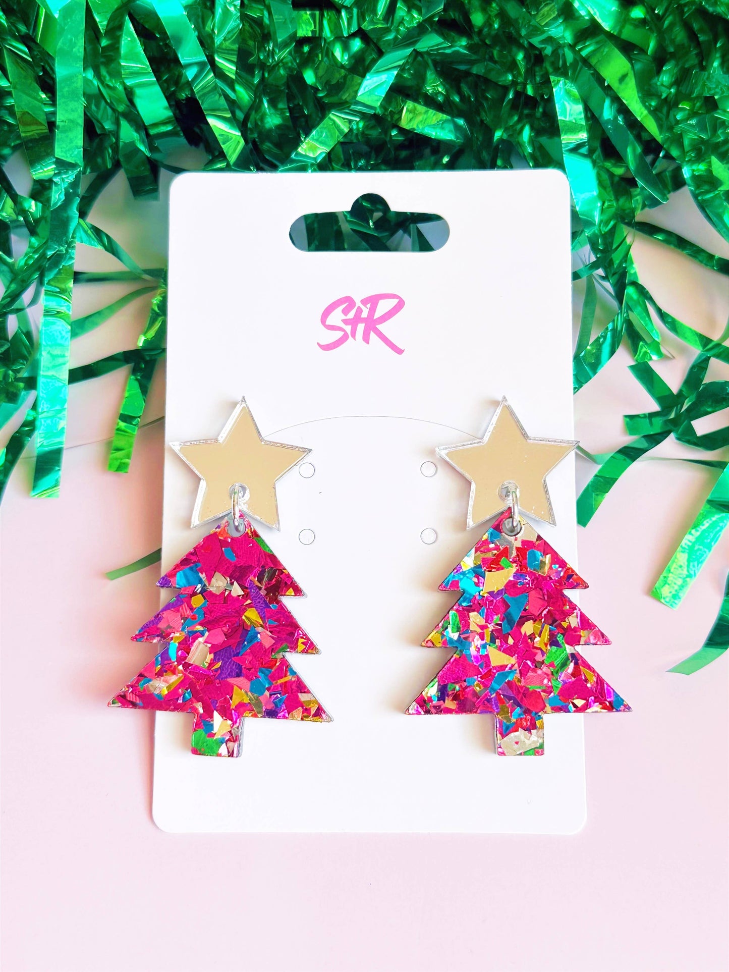 Hot Pink Confetti Acrylic Christmas Tree with Silver Star