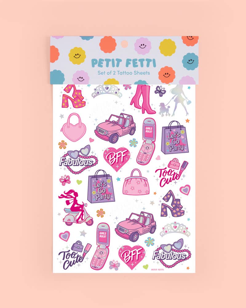 Pink Girl Party Foil Kids Temporary Tattoos, Activity, Favor
