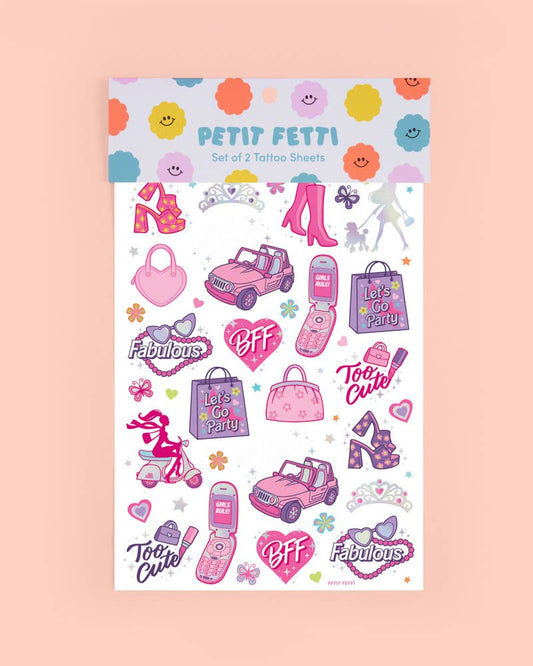 Pink Girl Party Foil Kids Temporary Tattoos, Activity, Favor