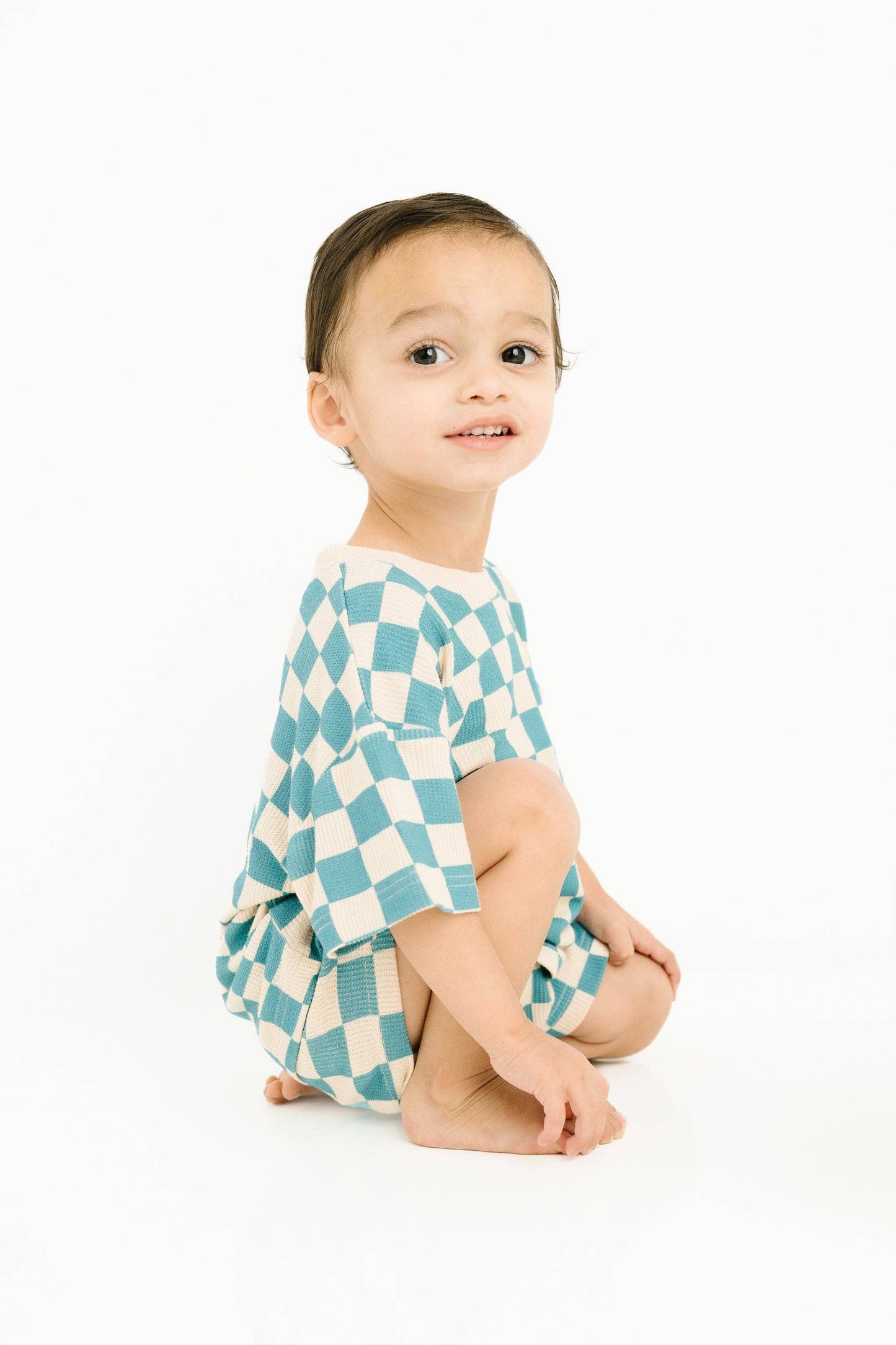 Blue Checkered Waffle Bamboo Shorts Set