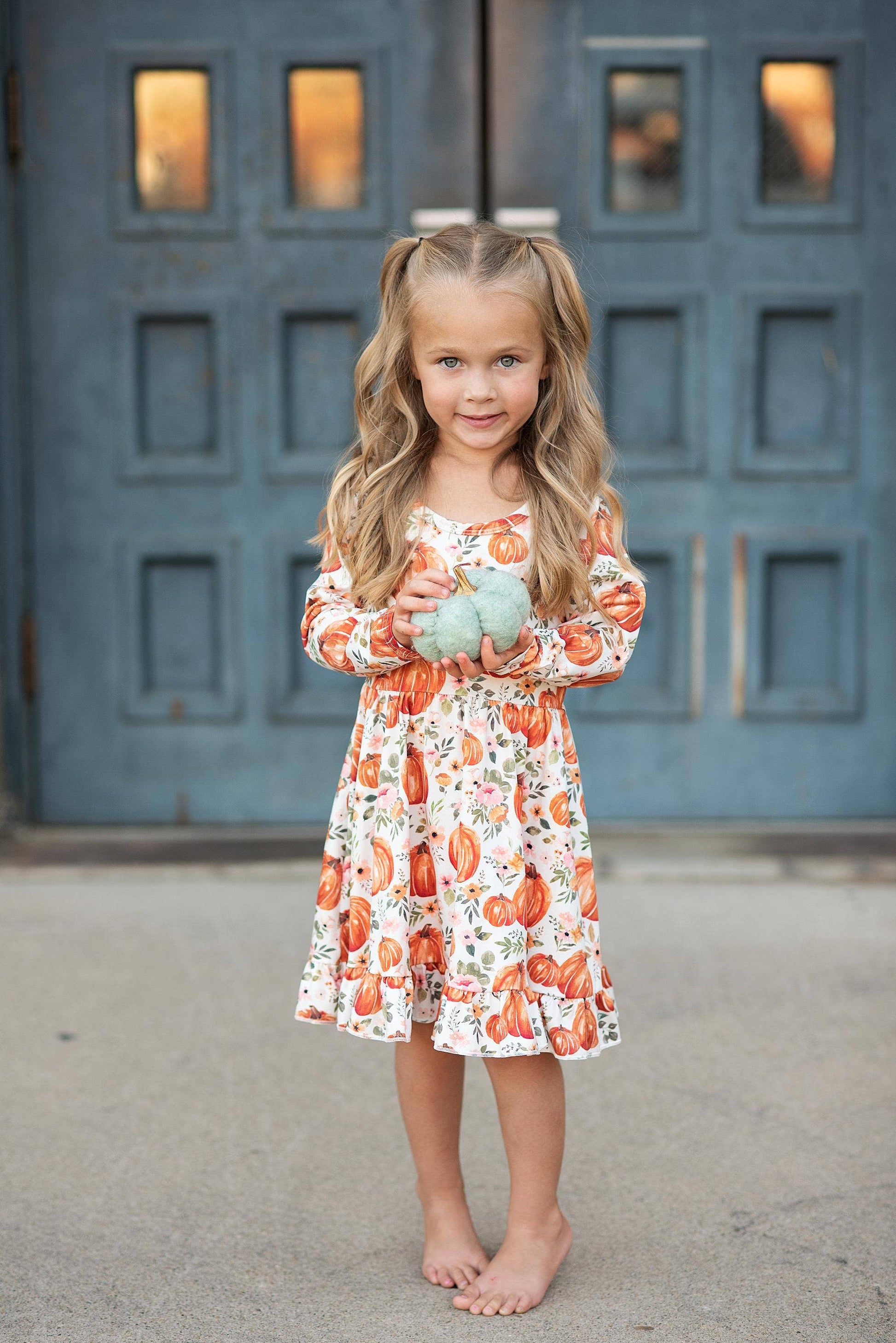 Kids Pumpkin & Floral Print Long Sleeve Fall Twirl Dress Kids Pumpkin & Floral Print Long Sleeve Fall Twirl Dress