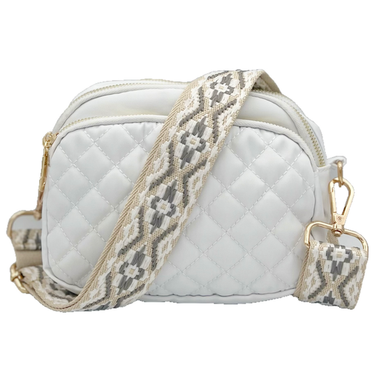Tate - White Spring Nylon Quilted Purse with Zippers and Cross-Body Strap