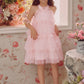 Halter Neck Pearl Tiered Tulle Dress in Light Pink