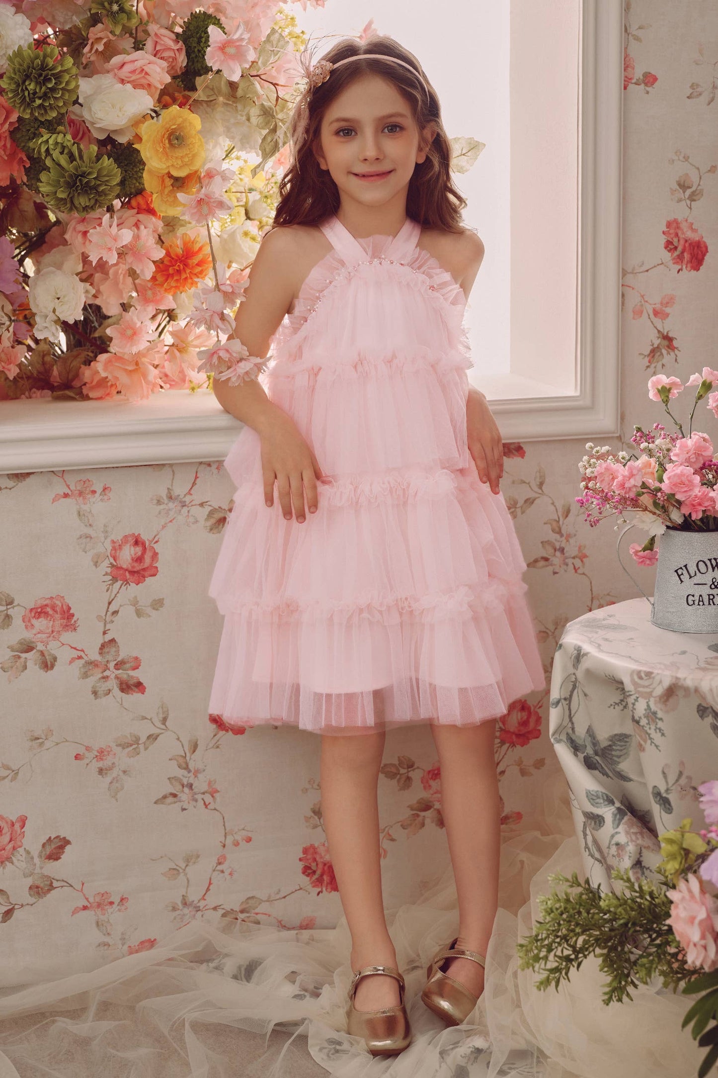 Halter Neck Pearl Tiered Tulle Dress in Light Pink