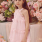 Halter Neck Pearl Tiered Tulle Dress in Light Pink