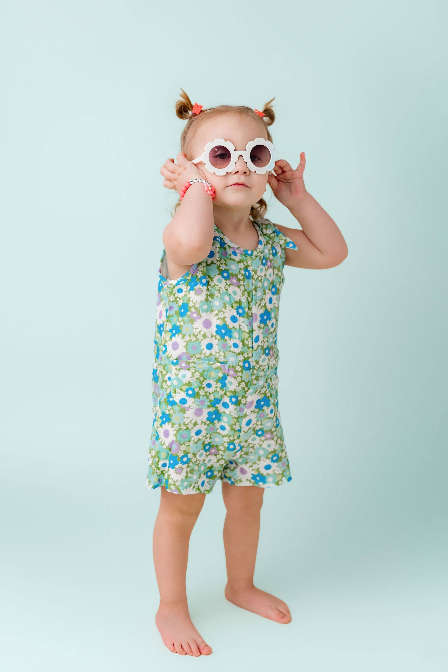 Blue & Green Flower Power Summer Romper Baby Toddler Girl