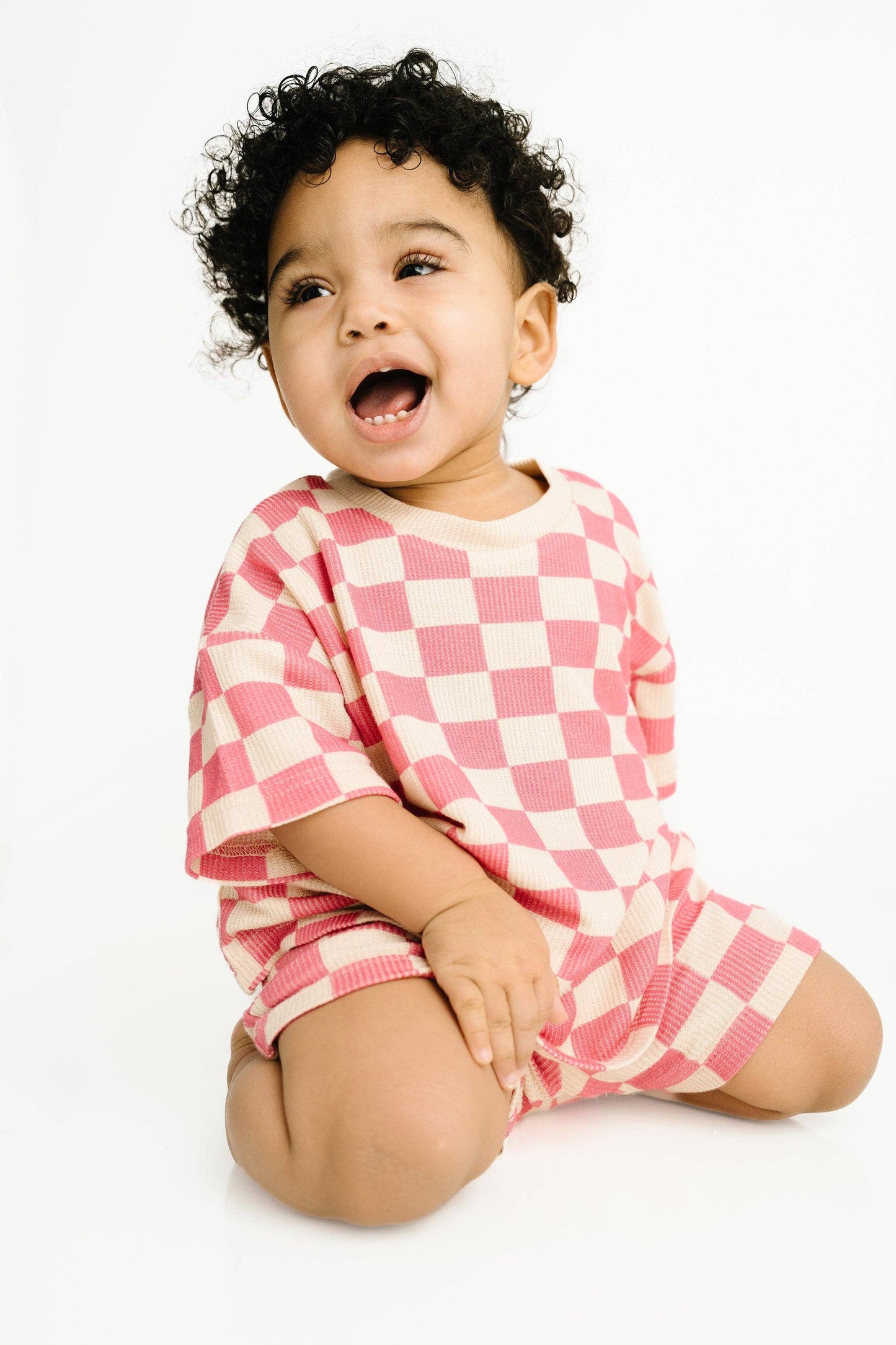 Pink Checkered Waffle Bamboo Shorts Set