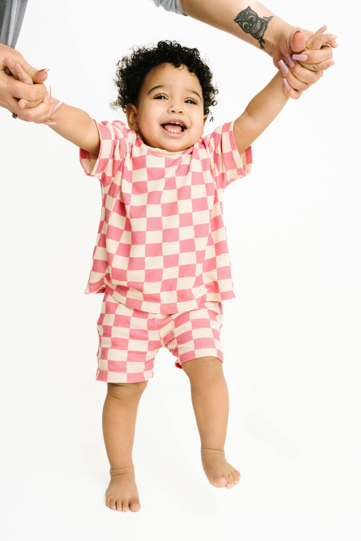 Pink Checkered Waffle Bamboo Shorts Set