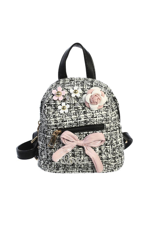 Tweed Mini Backpack with Flower Charms and Large Bow