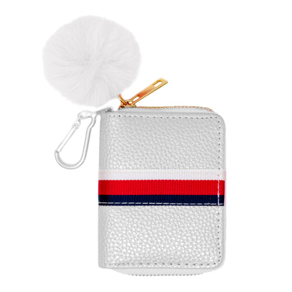 Striped Leather Pom Pom Wallet